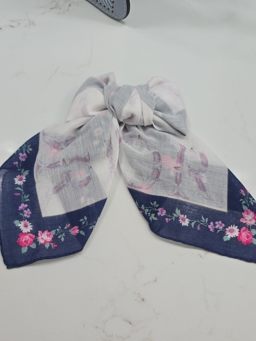 Floral Navy and Pink Hair Scarf Bow